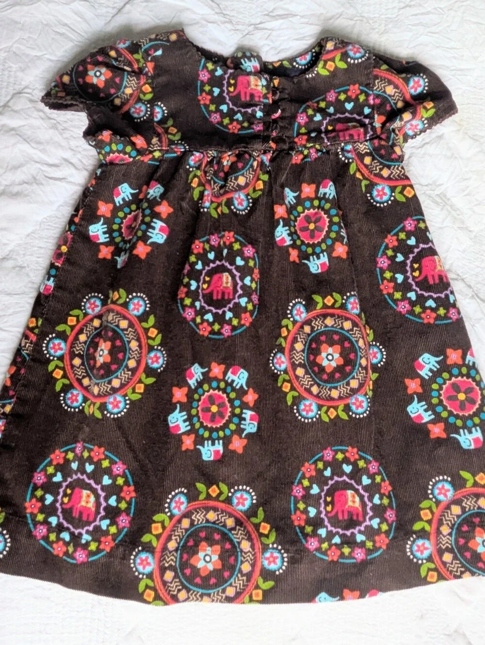 Vintage BABY GAP  Floral/ Elephant Medallions Brown Corduroy Dress 12-18 Months